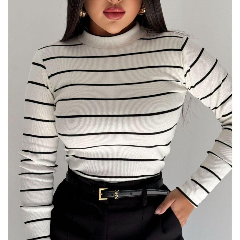 Blusa Feminina Cacharrel Manga Longa Gola Alta Listrada
