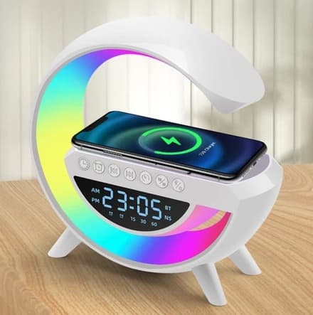 Caixa de Som LED Luminária Bluetooth com Carregador Sem Fio Lâmpada de Mesa RGB Alarme Relógio